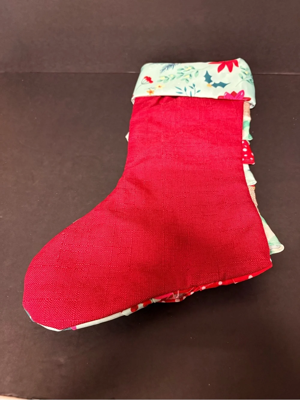 Pioneer Women vintage Ruffled Holiday Stocking - Mint, Red & Tan